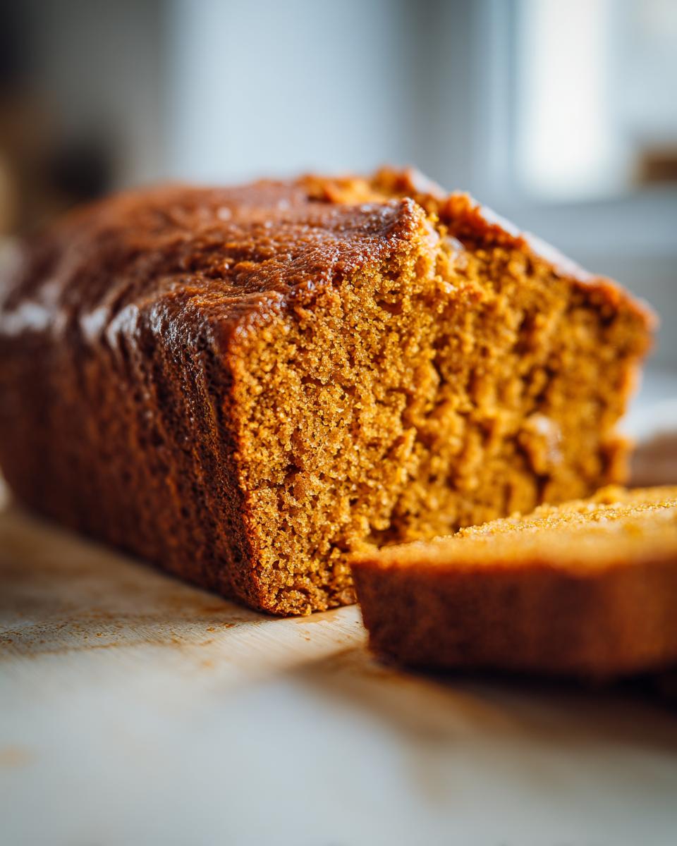 A close-up of a moist honey cake with a slice cut, showcasing its rich texture.
