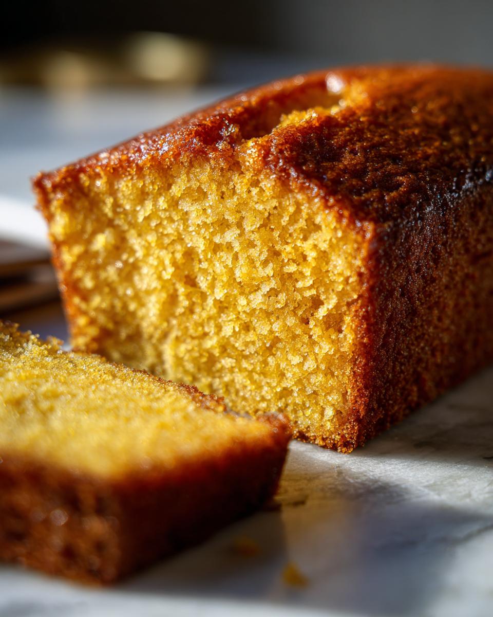 A close-up of a moist honey cake, with a slice cut and placed in front, showing its golden-brown crust and tender crumb.