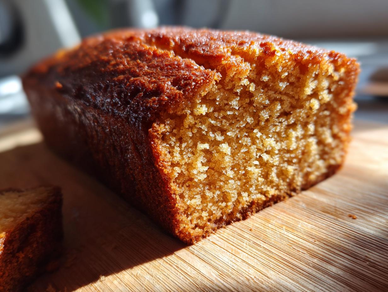 Close-up of a moist honey cake slice with a golden-brown crust on a wooden cutting board.