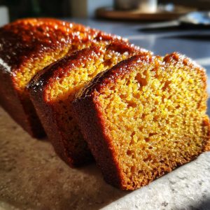 Close-up of three moist honey cake slices, showcasing their golden-brown crust and tender crumb.