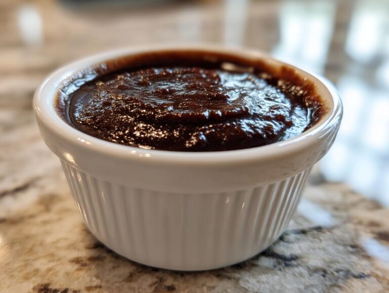 A close-up of a white ramekin filled with dark, rich mole sauce, showcasing its complex texture.