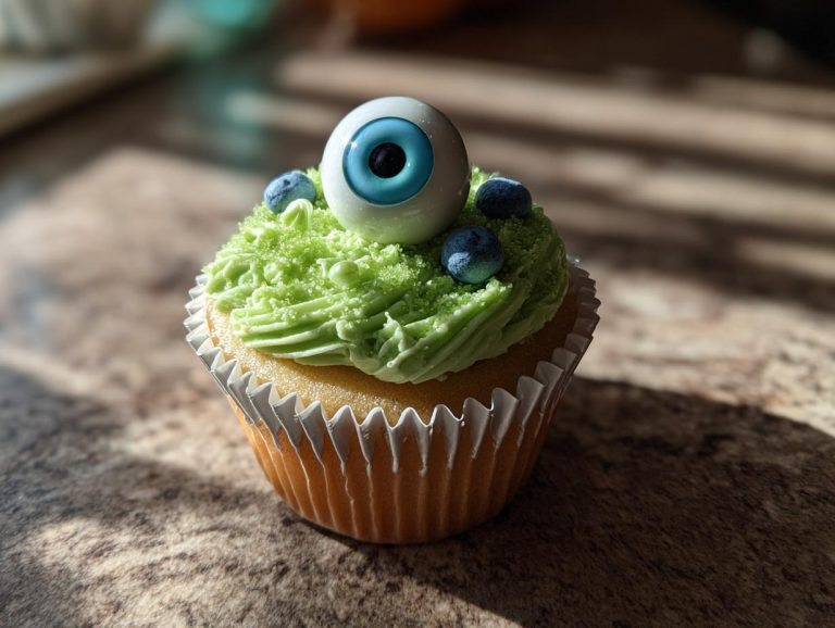 A single Monster eyeball cupcake with bright green frosting, a large candy eyeball, and blueberries.