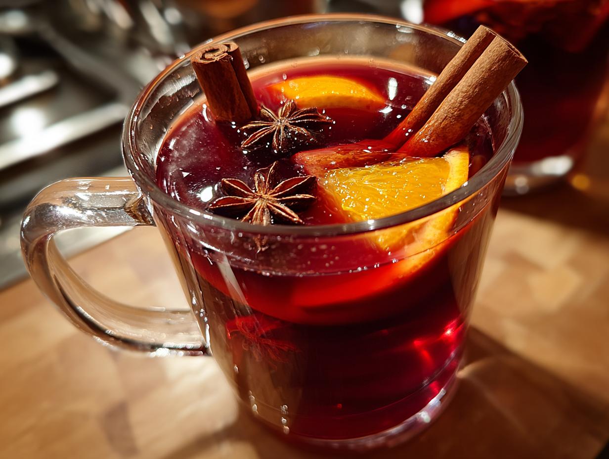Close-up of a steaming mug of mulled wine, garnished with orange slices, cinnamon sticks, and star anise.