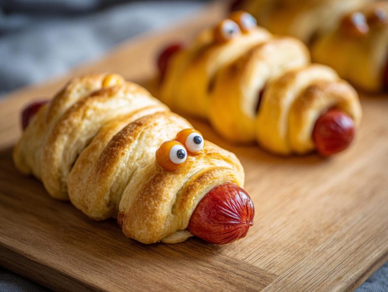 Close-up of a mummy hot dog wrapped in crescent roll dough with candy eyes, a fun and spooky treat.