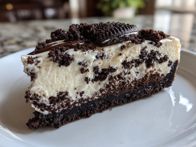 A close-up of a slice of no bake Oreo cheesecake on a white plate, featuring a creamy filling and Oreo cookie crust.