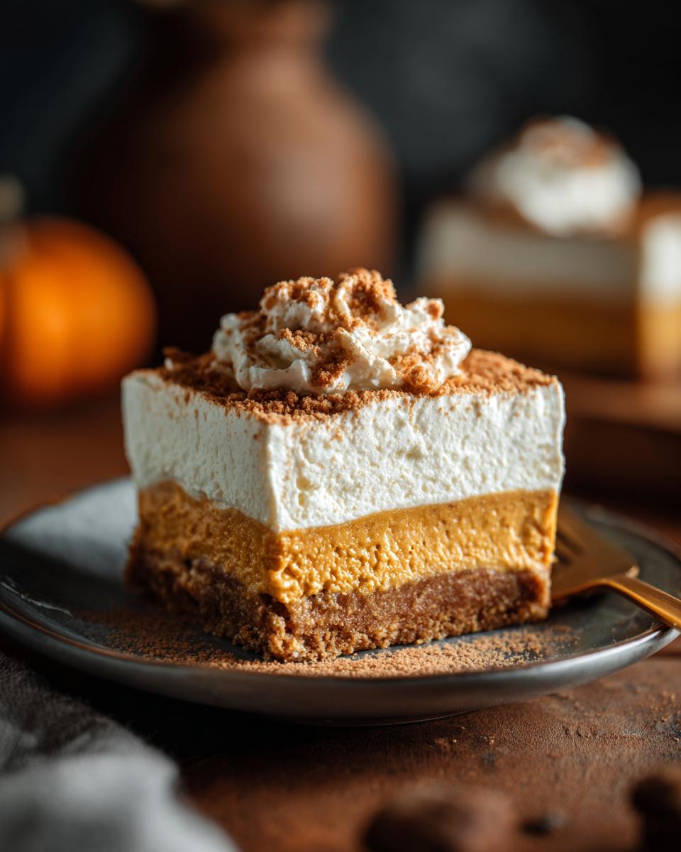 A close-up of a no bake pumpkin cheesecake bar with layers of crust, pumpkin filling, and whipped cream topping.