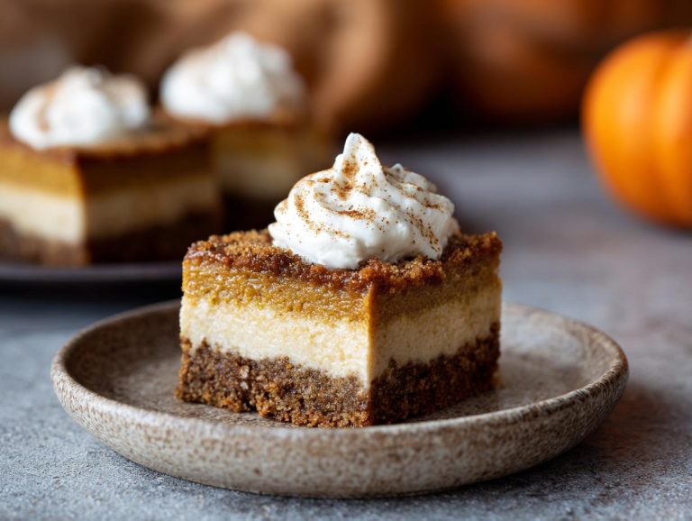 A close-up of a no bake pumpkin cheesecake bar topped with whipped cream and cinnamon.