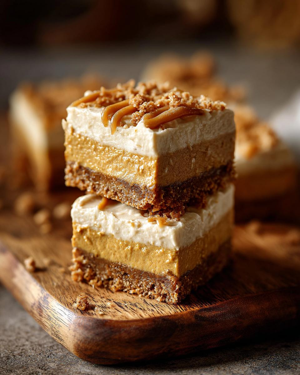 Two no bake pumpkin cheesecake bars stacked on a wooden board, topped with caramel and crumble.