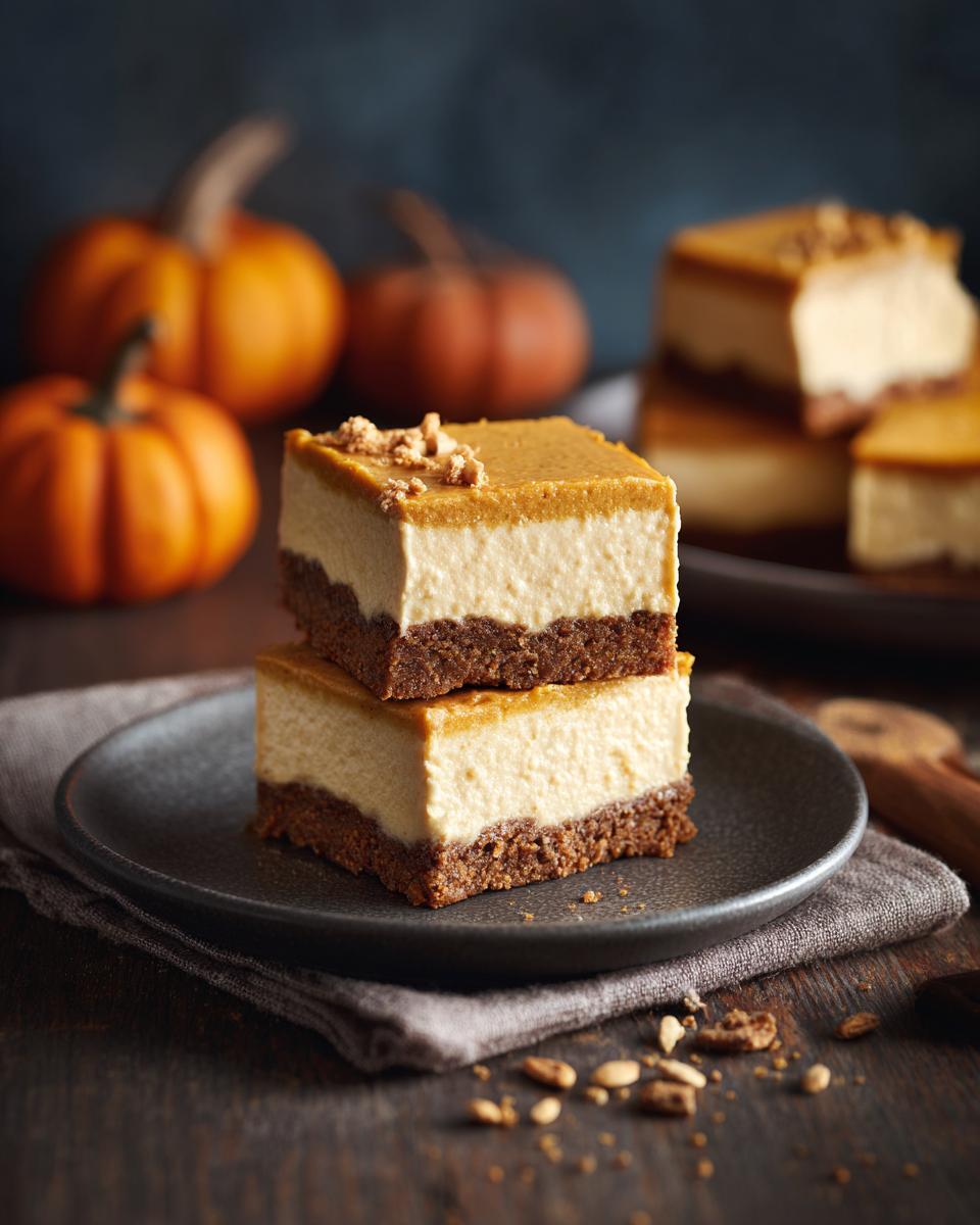 Two no bake pumpkin cheesecake bars stacked on a dark plate, with pumpkins in the background.