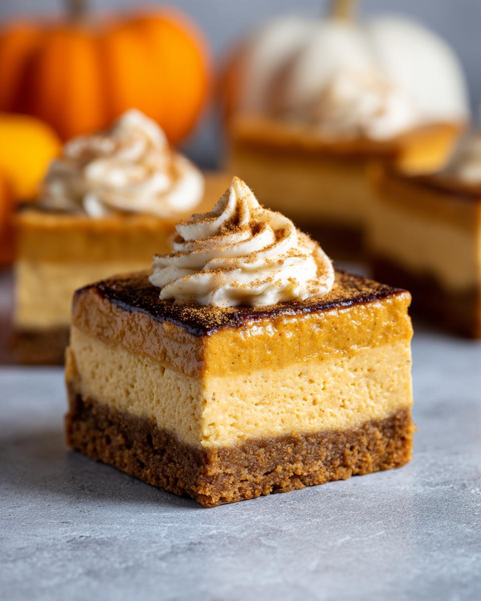 Close-up of a no bake pumpkin cheesecake bar topped with whipped cream and cinnamon.