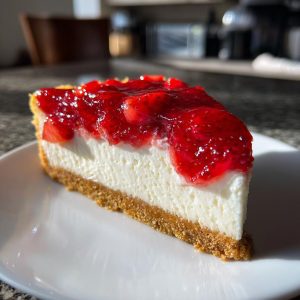 A tempting slice of no bake strawberry cheesecake on a white plate, showcasing the creamy filling and strawberry topping.