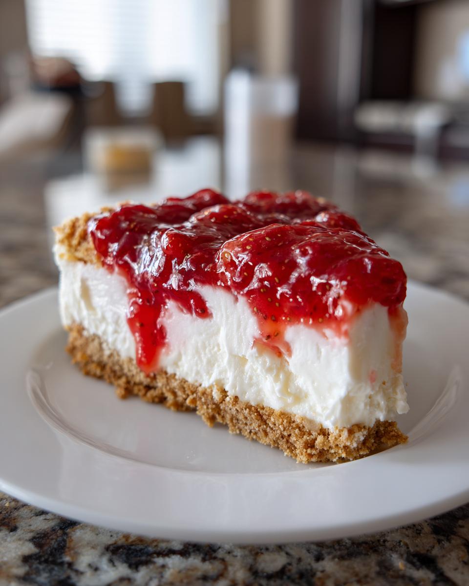 A slice of no bake strawberry cheesecake on a white plate, featuring a graham cracker crust and creamy filling topped with strawberry sauce.