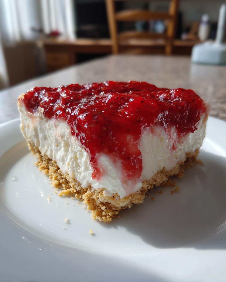 A close-up of a slice of no bake strawberry cheesecake on a white plate, showing the creamy filling and strawberry topping.
