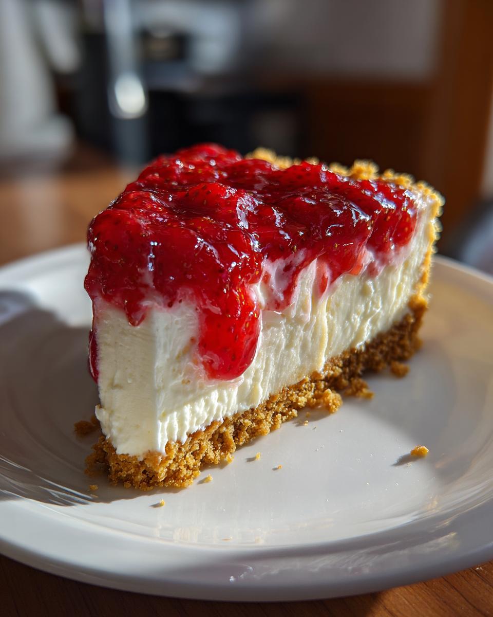 A perfect slice of no bake strawberry cheesecake with a graham cracker crust and strawberry topping.