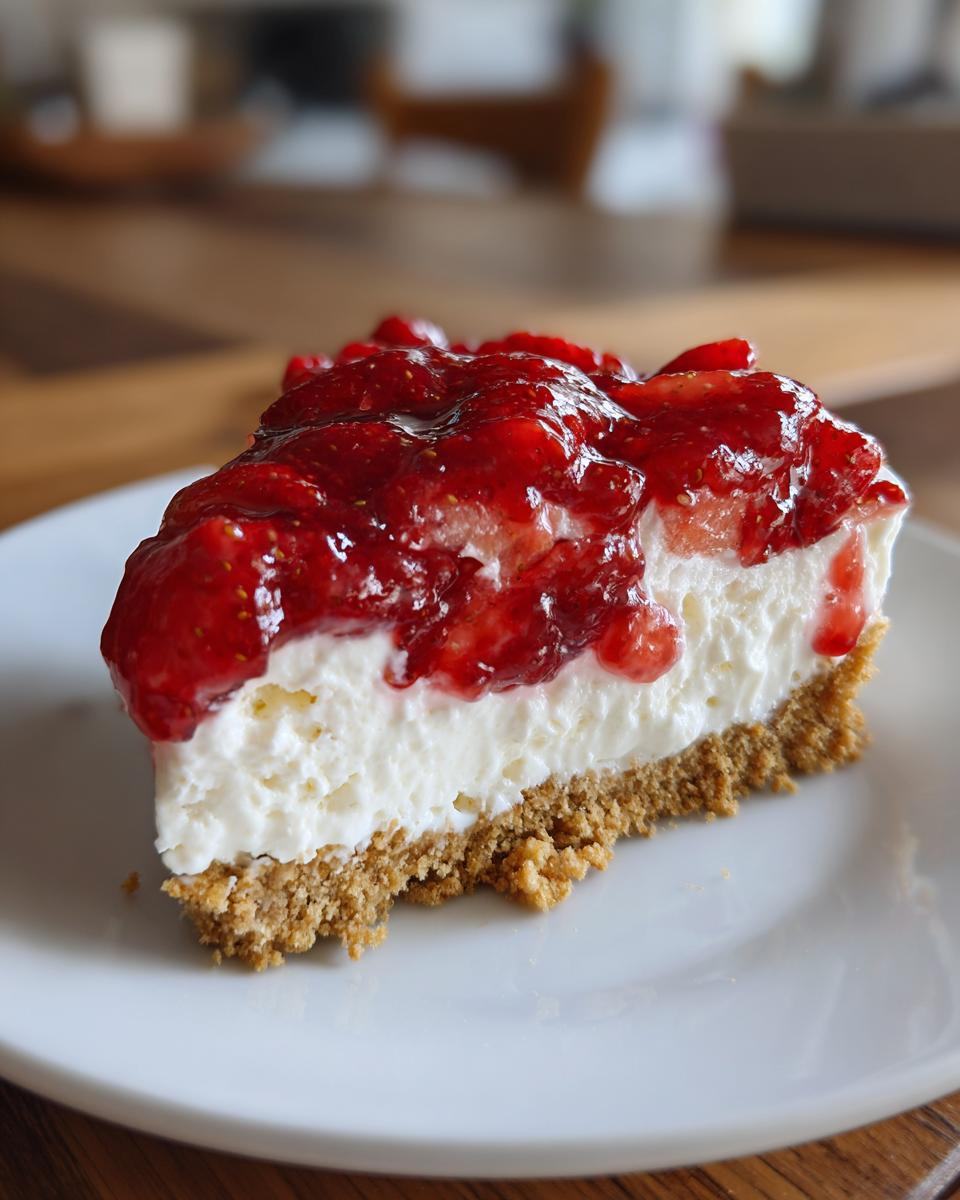 A close-up view of a slice of no bake strawberry cheesecake on a white plate, featuring a graham cracker crust, creamy filling, and strawberry topping.