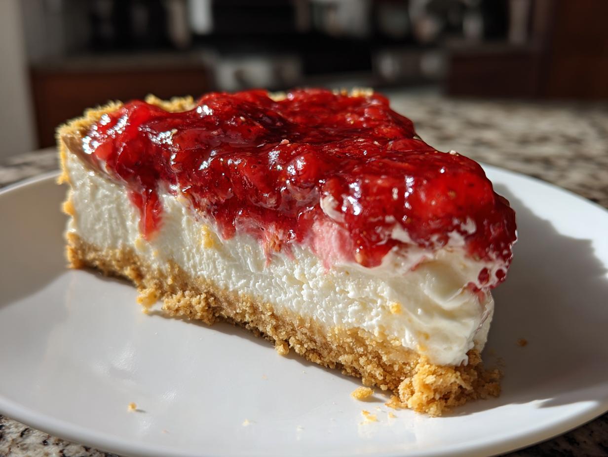 A slice of no bake strawberry cheesecake on a white plate, showcasing the creamy filling and strawberry topping.