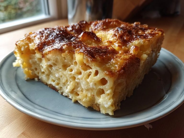 A close-up of a golden-brown slice of Noodle Kugel on a grey plate.