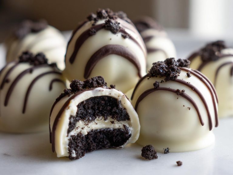 Close-up of white chocolate Oreo truffles, one is bitten, revealing the dark cookie and cream filling.