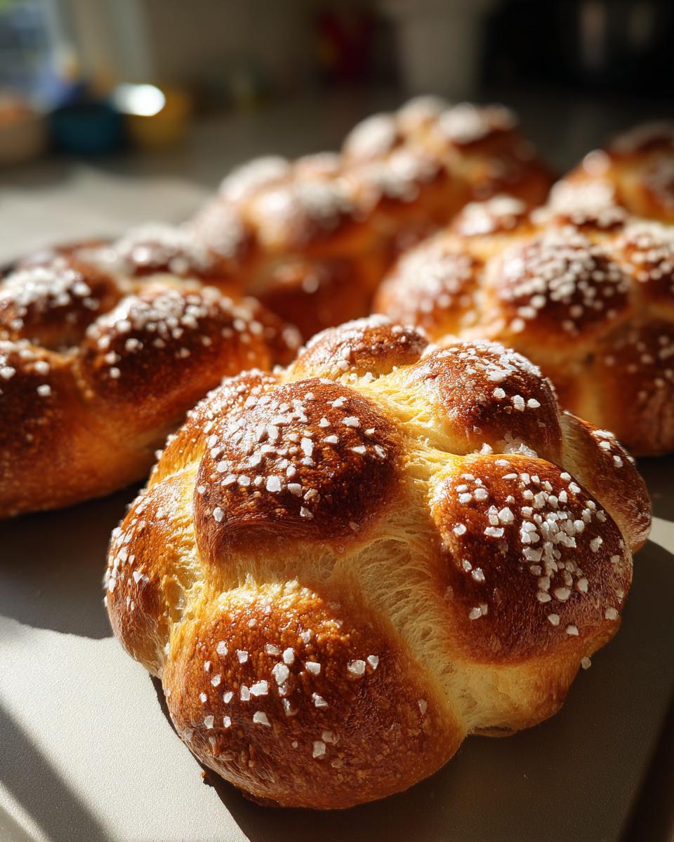 Close-up of a golden-brown braided Pan de Muerto bread, sprinkled with coarse sugar crystals.