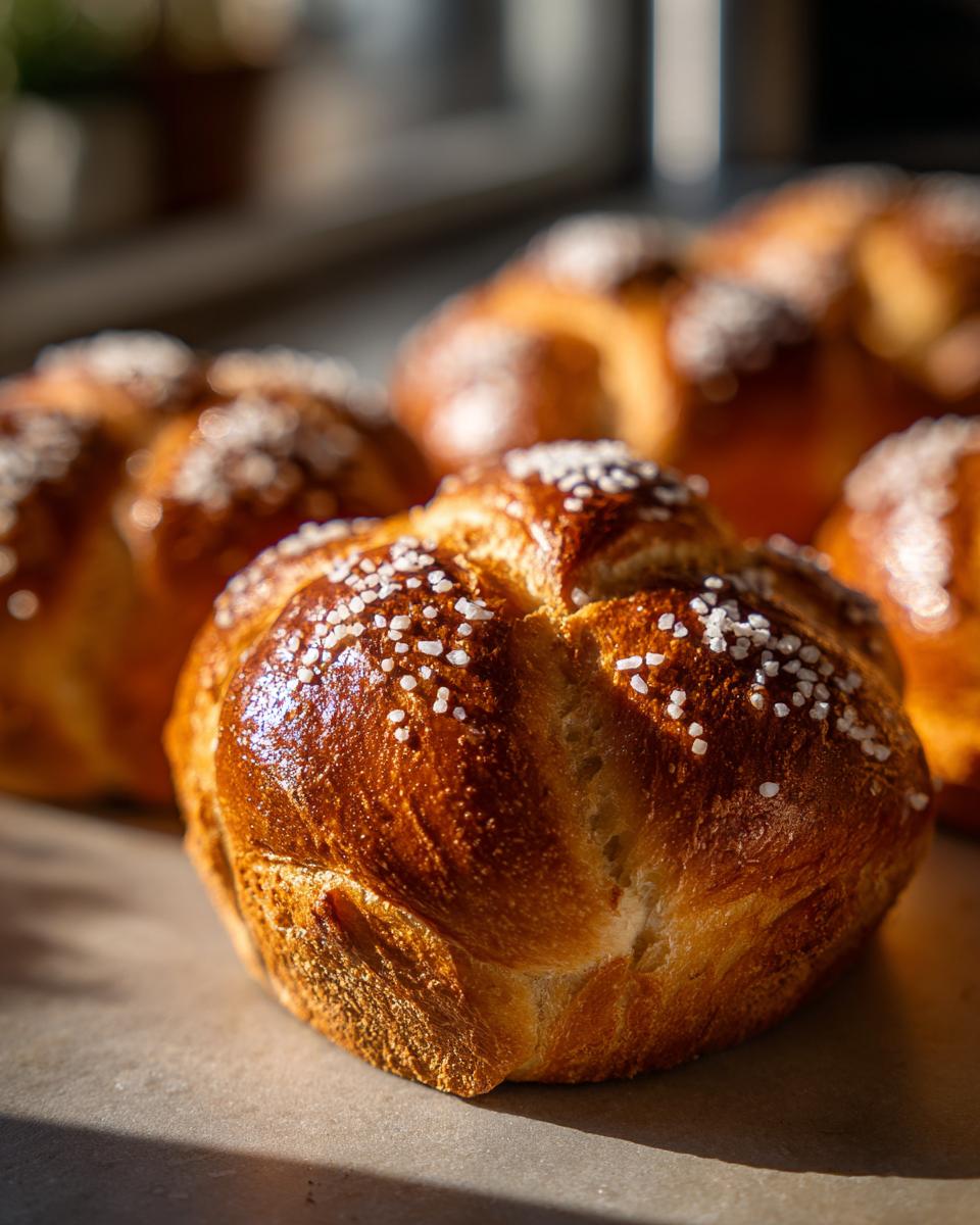 Close-up of a golden-brown Pan de Muerto bun, sprinkled with sugar crystals, with other buns blurred in the background.