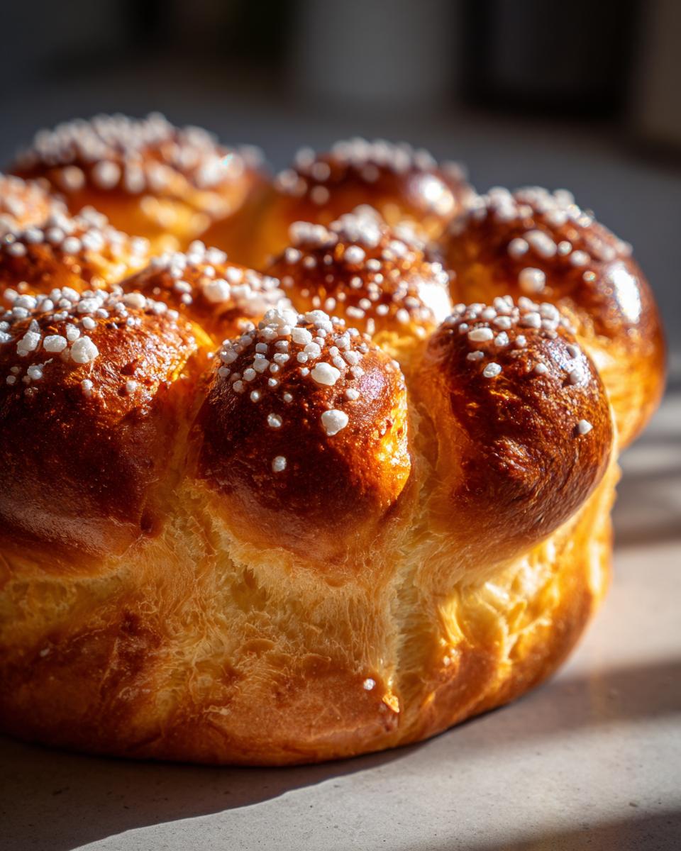 Close-up of a golden-brown Pan de Muerto bread, topped with sparkling sugar crystals.