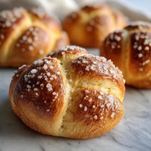 Close-up of golden brown Pan de Muerto buns topped with coarse sugar crystals, arranged on a marble surface.
