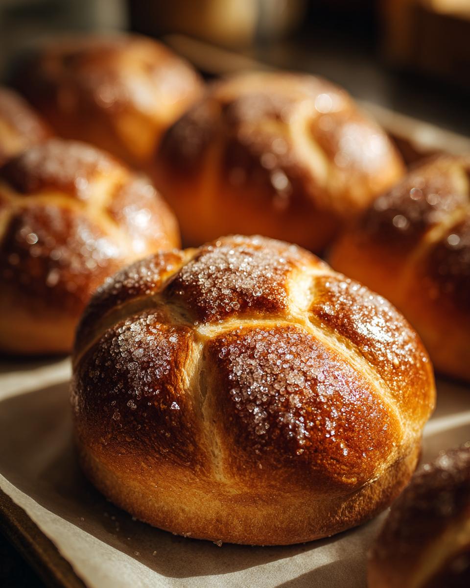Close-up of golden brown Pan de Muerto buns sprinkled with sugar, ready to be enjoyed.