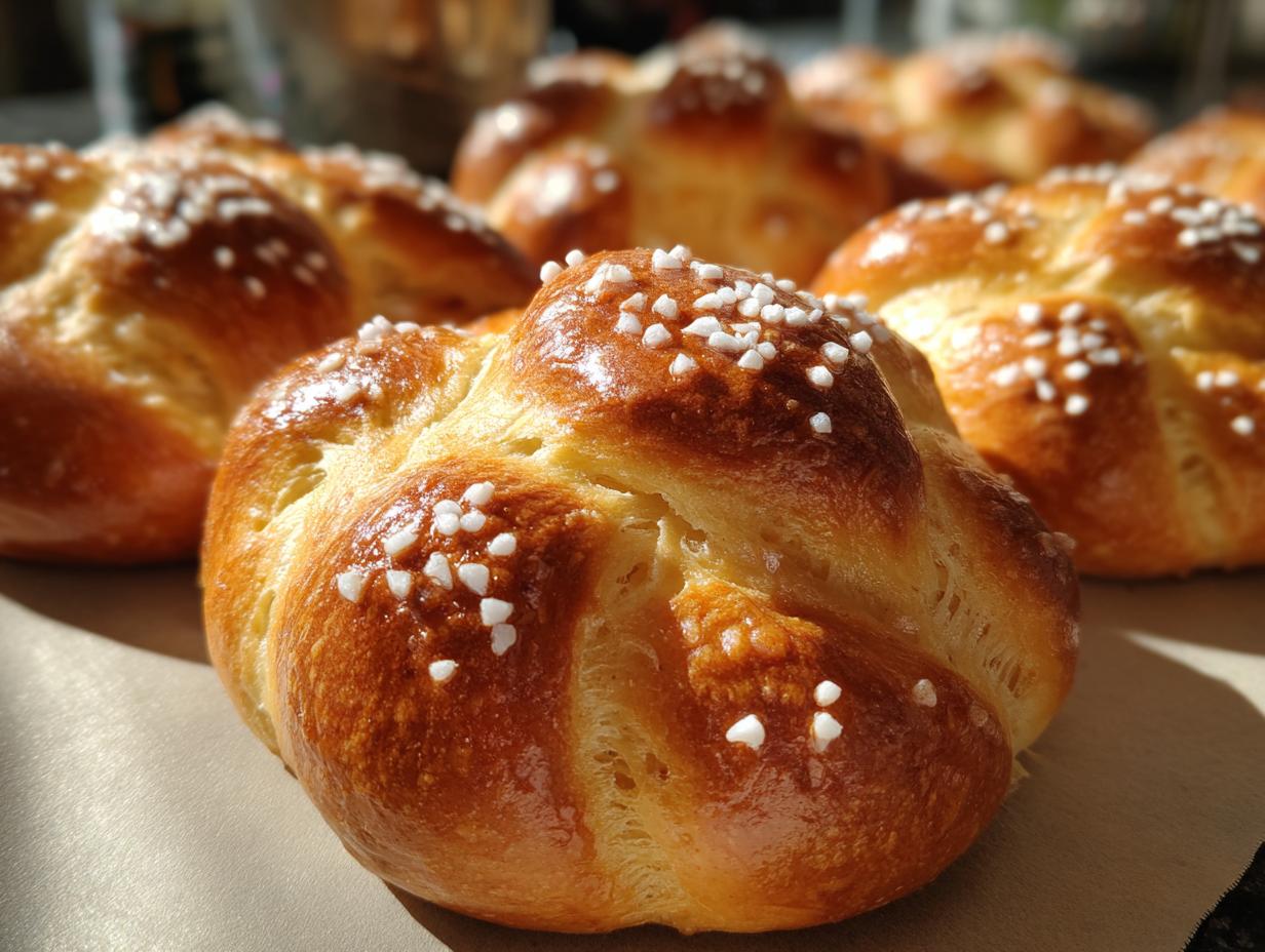 Close-up of golden-brown Pan de Muerto buns, topped with sparkling sugar crystals, ready to be enjoyed.