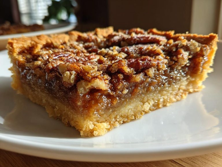 Close-up of a slice of pecan pie bars on a white plate, showcasing the gooey filling and pecan topping.
