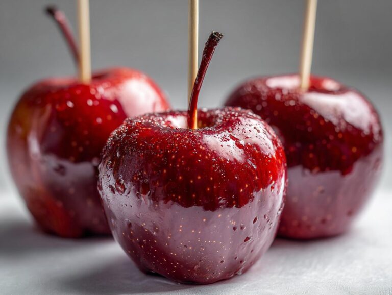 Close-up of three shiny red candy apples with water droplets and wooden sticks, ready to eat.