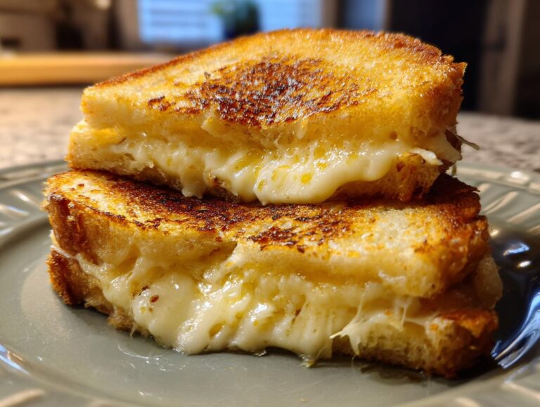 Close-up of a perfectly grilled cheese sandwich stacked on a plate, with melted cheese oozing out.