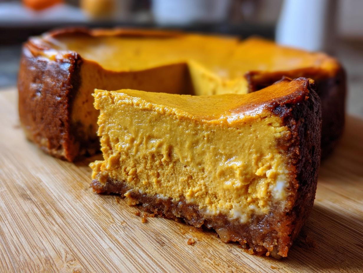 A close-up of a perfect pumpkin cheesecake slice with a graham cracker crust on a wooden cutting board.