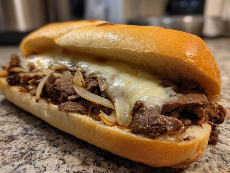 Close-up of a classic Philly cheesesteak sandwich overflowing with thinly sliced steak, caramelized onions, and melted cheese on a toasted roll.