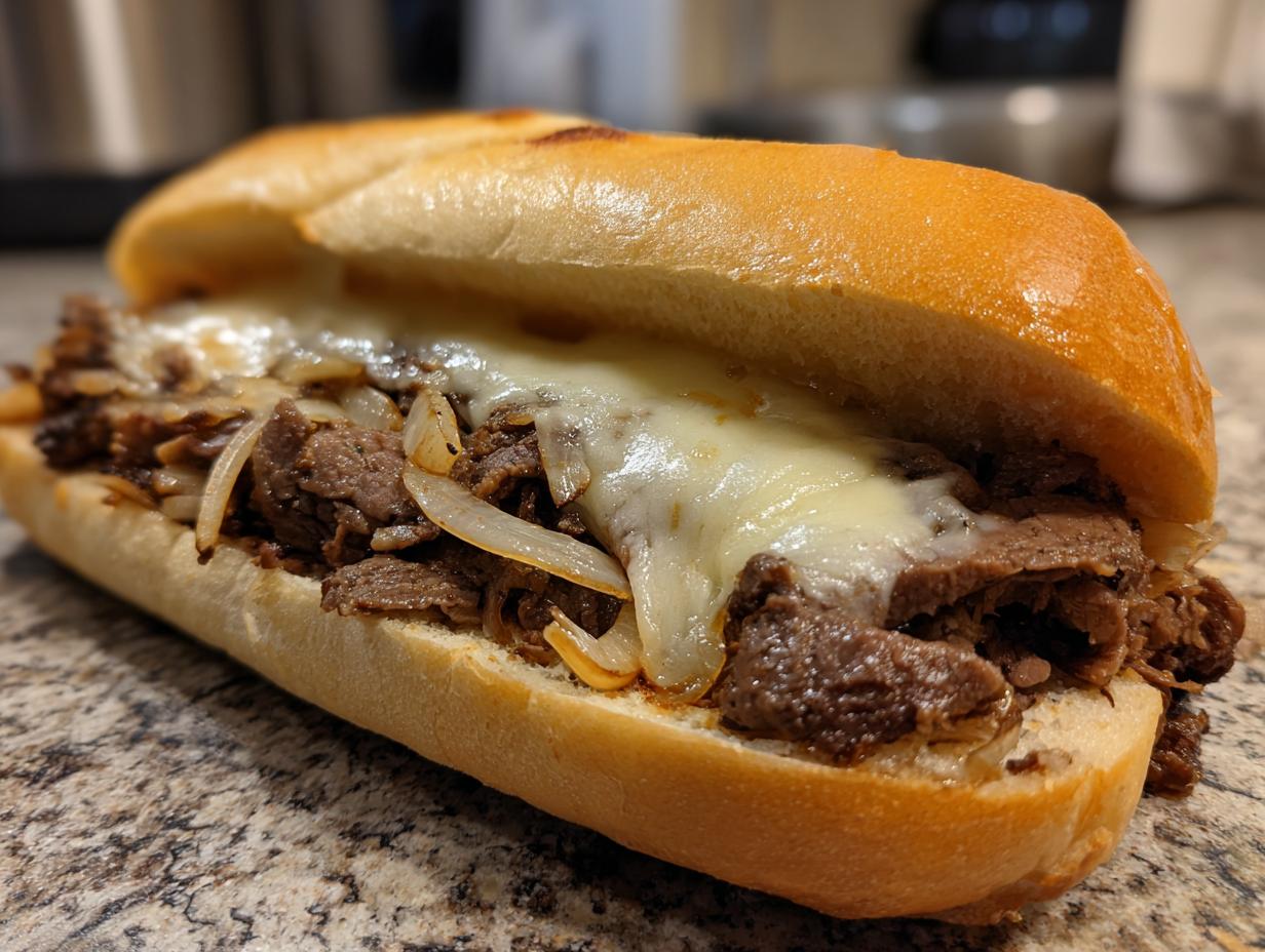 Close-up of a classic Philly cheesesteak sandwich overflowing with thinly sliced steak, caramelized onions, and melted cheese on a toasted roll.