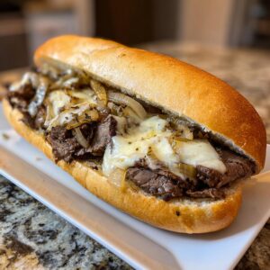 A close-up of a mouthwatering Philly cheesesteak sandwich filled with thinly sliced steak, melted cheese, and caramelized onions on a toasted bun.