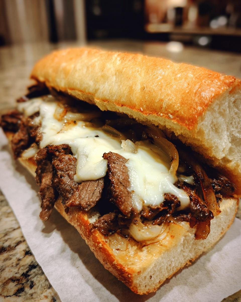 Close-up of a mouthwatering Philly cheesesteak sandwich with thinly sliced steak, melted cheese, and caramelized onions on a long roll.