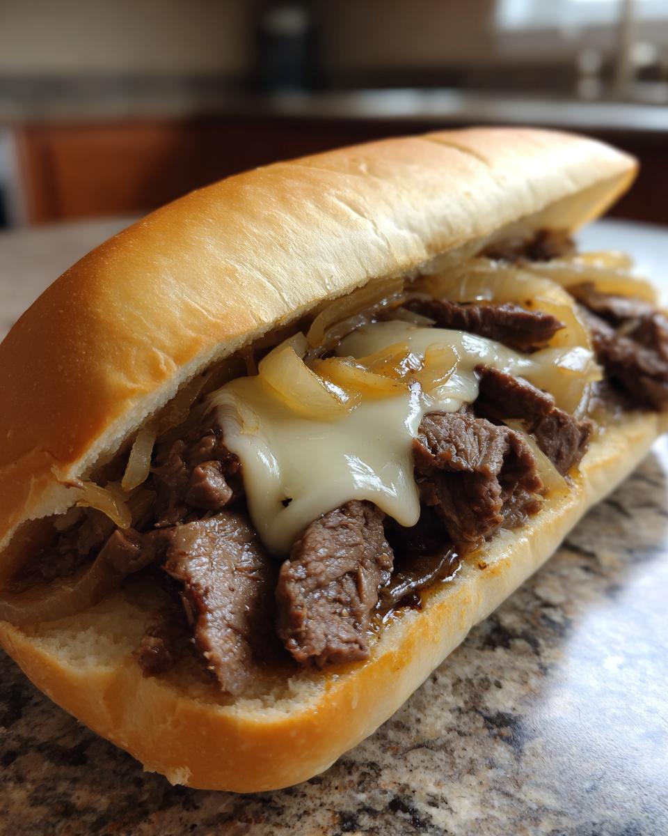 Close-up of a delicious Philly cheesesteak sandwich with thinly sliced steak, melted cheese, and caramelized onions on a hoagie roll.
