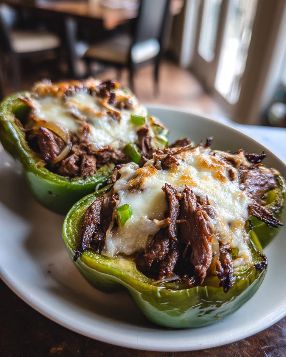 Two green bell peppers stuffed with Philly cheesesteak filling and topped with melted cheese.