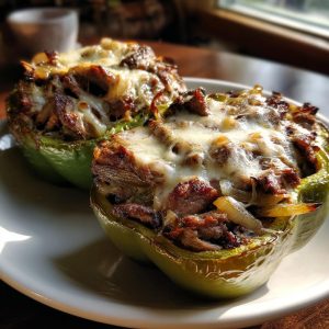 Two green bell peppers stuffed with Philly cheesesteak filling and topped with melted cheese.