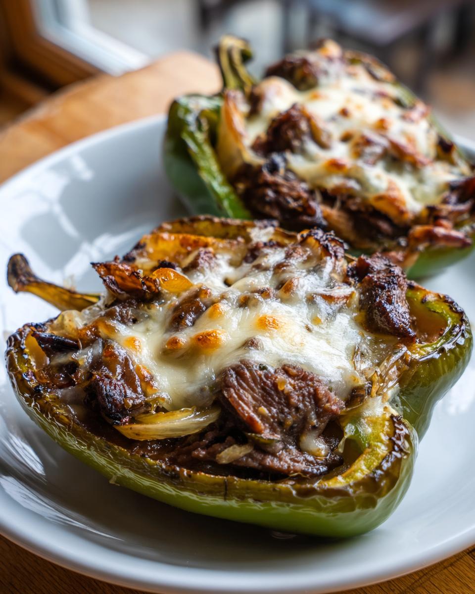 Two green bell peppers stuffed with Philly cheesesteak filling and topped with melted cheese.