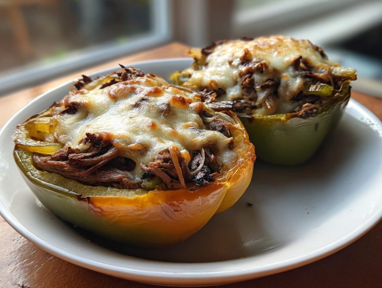 Two halves of green bell peppers stuffed with Philly cheesesteak filling and topped with melted cheese.