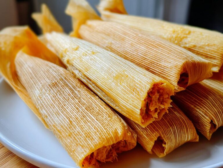 Close-up of several freshly made pork tamales, wrapped in corn husks, ready to be enjoyed.
