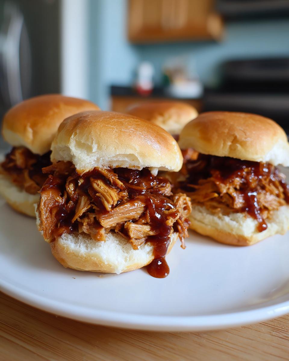 Close-up of four tender pulled pork sliders piled high with barbecue sauce on a white plate.