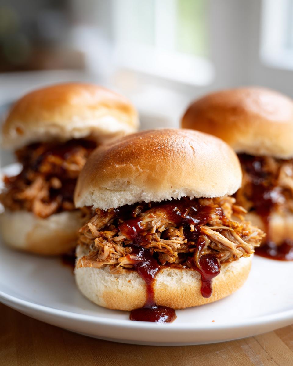 Close-up of three tender pulled pork sliders piled high with shredded pork and drizzled with BBQ sauce on a white plate.