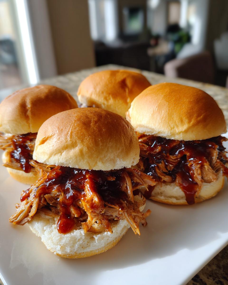 Close-up of four delicious pulled pork sliders generously topped with BBQ sauce on soft buns.