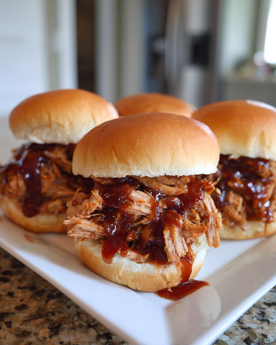 Close-up of four delicious pulled pork sliders piled high with tender pork and dripping with BBQ sauce on a white plate.