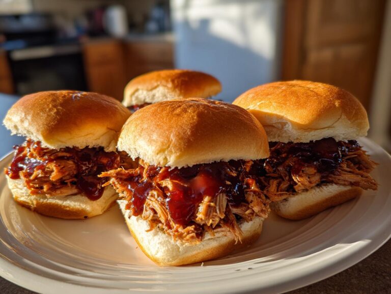 Close-up of four delicious pulled pork sliders, generously filled with tender shredded pork and barbecue sauce.