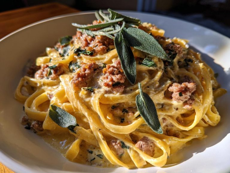 A close-up of creamy Pumpkin Alfredo Pasta topped with crumbled sausage and fresh sage leaves.