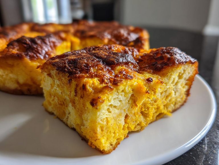 A close-up of a slice of warm pumpkin bread pudding on a white plate.