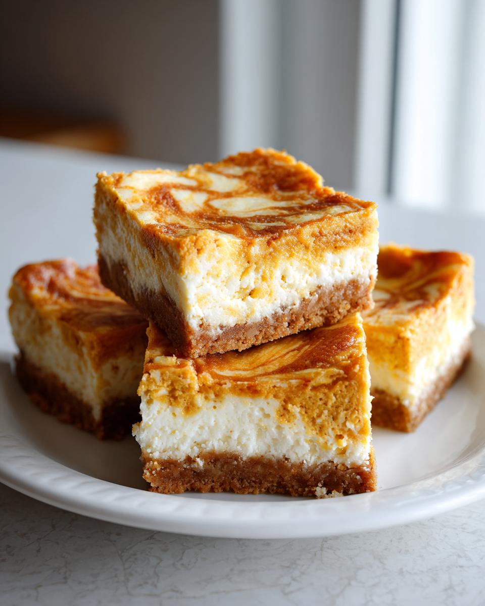 A stack of three delicious pumpkin cheesecake bars with a graham cracker crust and swirled pumpkin topping.